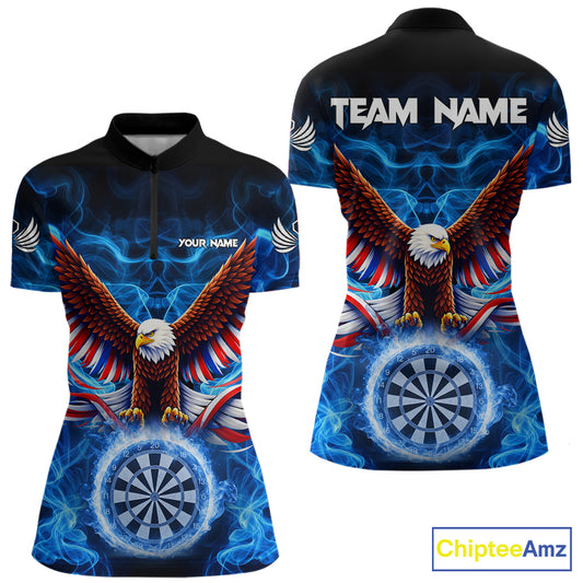 Blue Flames US Flag Eagle Freedom Darts 1/4-Zip Shirt Personalized Patriotic Women Dart Team Jerseys NYN2538