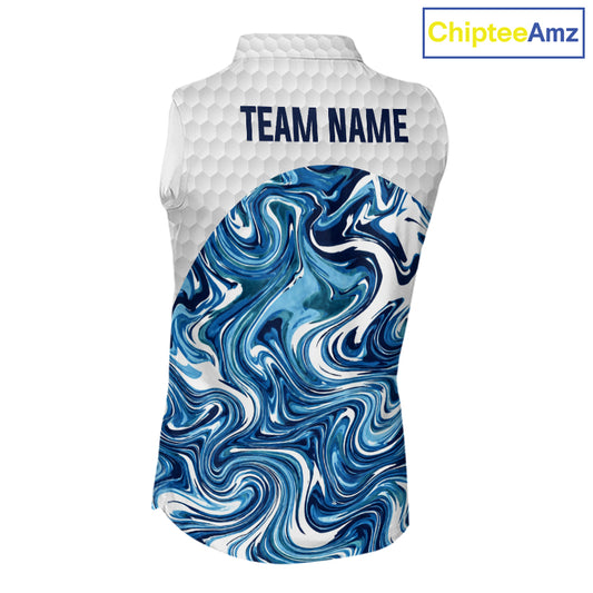Women Golf Clothing Blue Fluid Pattern Sleeveless Golf Polo Shirt Custom White Golf Ball Golf Upf Shirts NYN2929