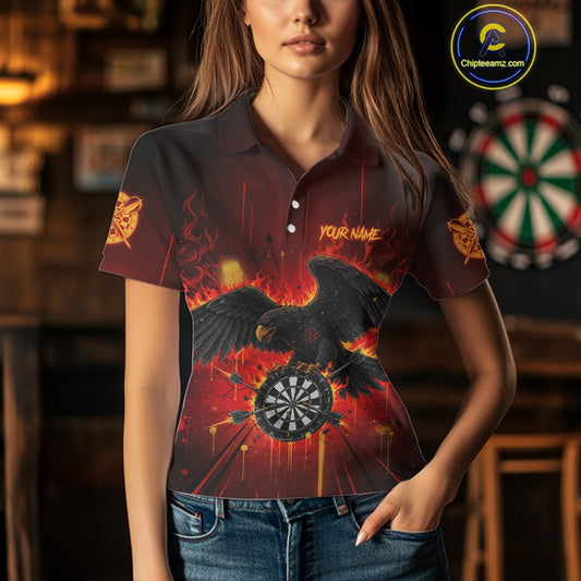 Red Flaming Eagle Dartboard Women Darts Polo Shirt Custom Name & Team Dart League Shirt NYN2060