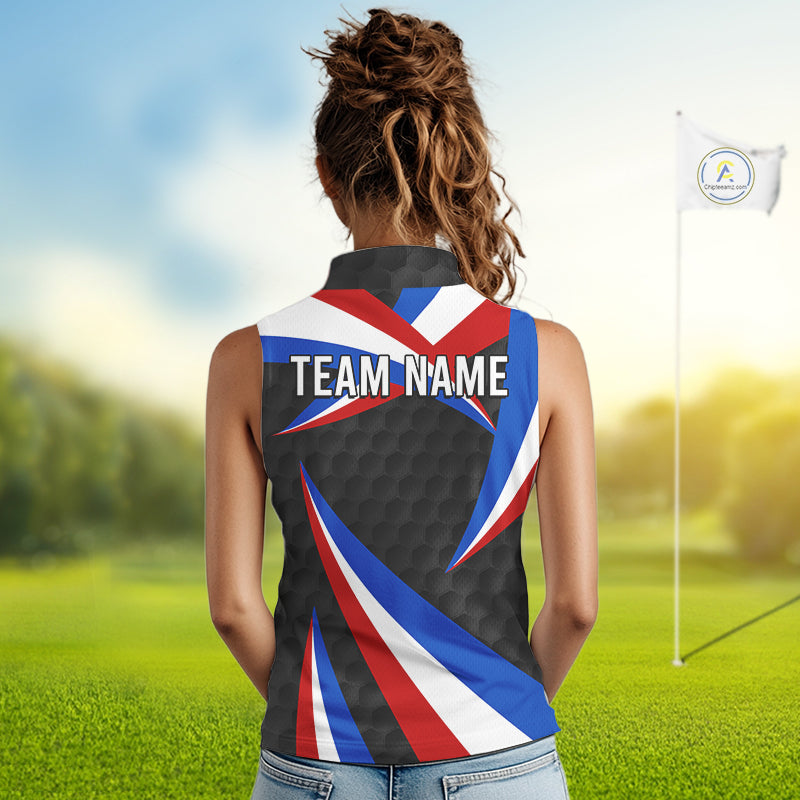 Female golfer wearing personalized black patriotic golf polo, elegant golf apparel for ladies golf clubs, Memorial Day events and Independence Day tournaments.