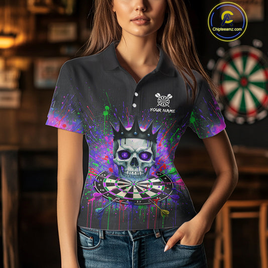 Custom Purple Crown Skull Colorful Dripping Dartboard Women Darts Polo Shirt Dart Jerseys NYN1827