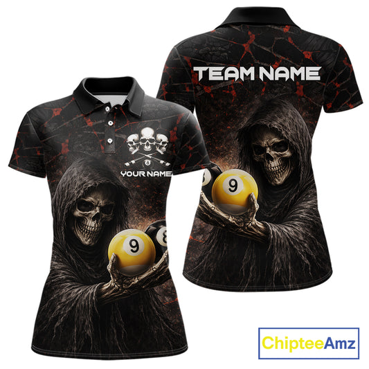 Red Grunge Grim Reaper Hold 8 Ball & 9 Ball Pool Women Billiard Shirt Custom Billiard Team Attire NYN2639