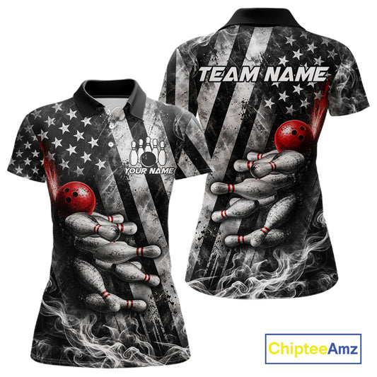 Smoke US Flag Patriotic Bowling Shirt For Women Custom Red Grunge Strike Bowling Team Jerseys NYN4062