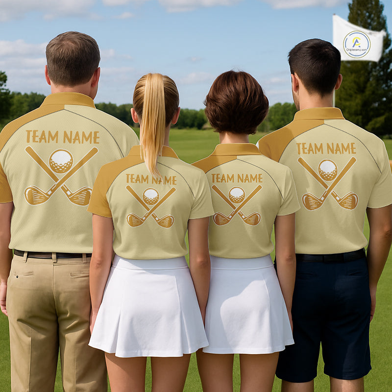 Golf team wearing matching banana golf polos during charity golf event, personalized team apparel representing friendship, teamwork, humor and positive team spirit.