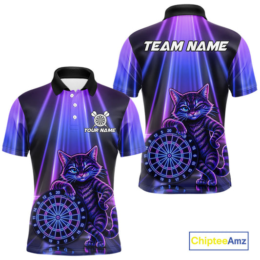 Custom Neon Purple Blue Funny Cat Men's Dart Polo Shirt, Personalized Funny Cat Dart Tournament Jersey, Athletic Team Apparel