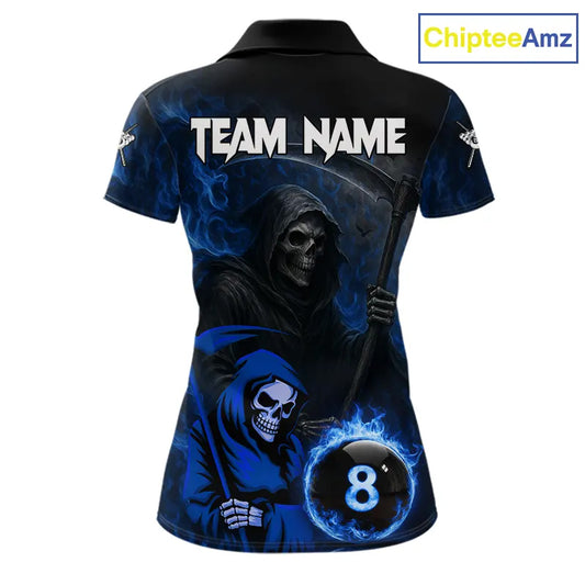 Blue Flames 8 Ball Pool Billiard Team Shirt For Women Custom Grim Reaper Billiard Balls Jerseys NYN2440