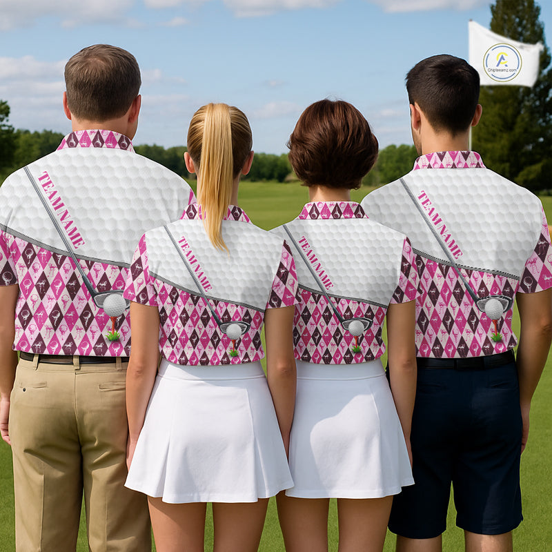 Mens Golf Polo Shirts Custom Pink Argyle And Flamingo Plaid Pattern Golf Attire For Men NYN2843
