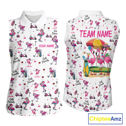 Funny Pink Flamingo Friends White Womens Sleeveless Polo Shirt Custom Flamingo Ladies Golf Outfits NYN3111