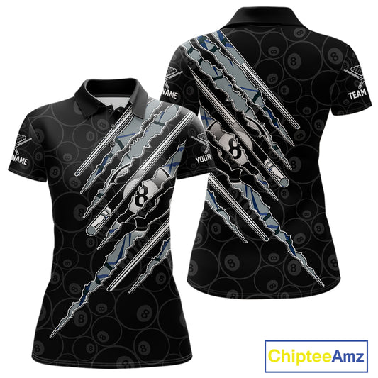 Women's Blue Scratch Pattern billiard polo shirt with personalized name, custom APA league jersey, billiard tournament apparel, cue sports clothing, moisture-wicking athletic polo.