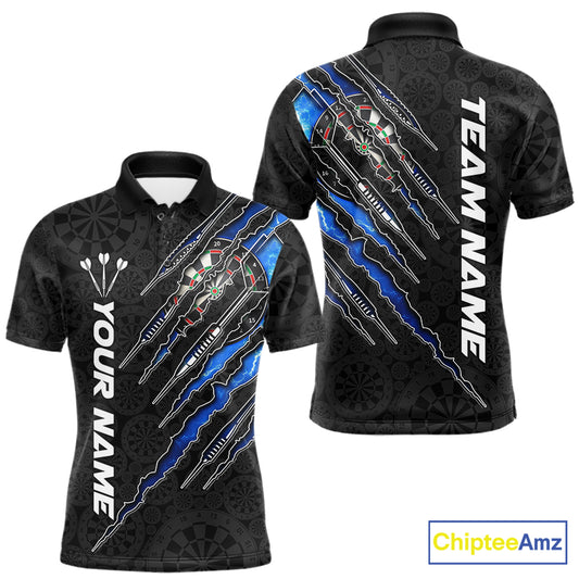 Custom Thunder Lightning Blue Men's Darts Polo Shirt, Personalized Team Jersey, Electric Storm Performance Apparel, League Tournament Uniform, Lightning Graphic, Speed, Precision & Competitive Energy