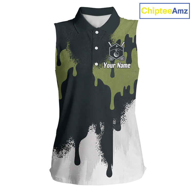 White, Green And Gray Dripping Golf Sleeveless Polo Shirts For Women Personalized Team Name Golf Clothes NYN3251