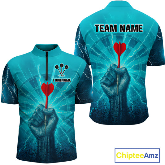 Men’s Custom Darts Shirt - Turquoise Lightning Fist With Maroon Dart Arrow NYN0316