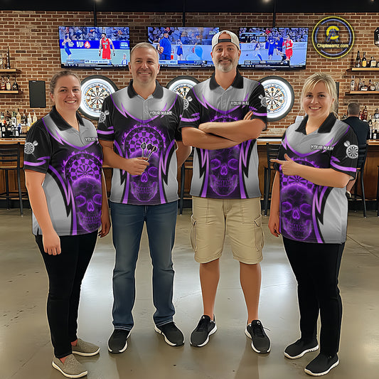 Silver Purple Flaming Skull Dartboard Women Darts Quarter-Zip Shirt Custom Team Dart League Jerseys NYN2070