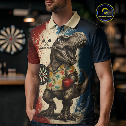 Custom Dinosaur Plays Dart Funny Dart Polo Shirt For Men Colorful Grunge Dart Jerseys NYN1368