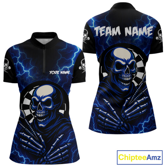 Thunder Lightning Skeleton Dartboard Blue Darts Shirt For Women - Custom Name & Team NYN0591