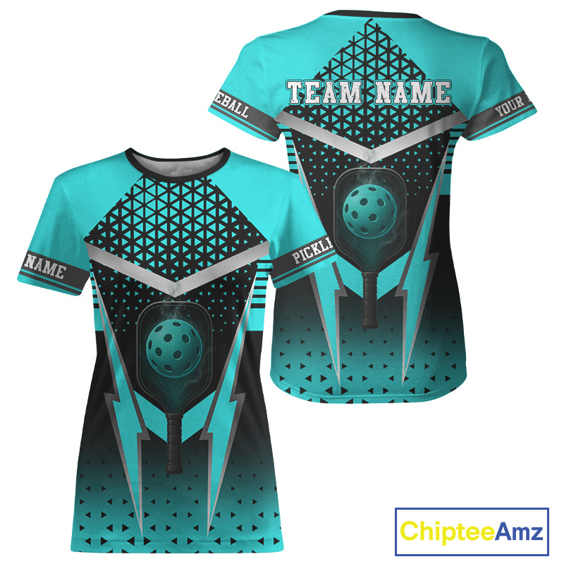 Custom Turquoise & Black Pickleball Ball T-Shirt For Women Outfit Pickleball Team Jerseys NYN1297
