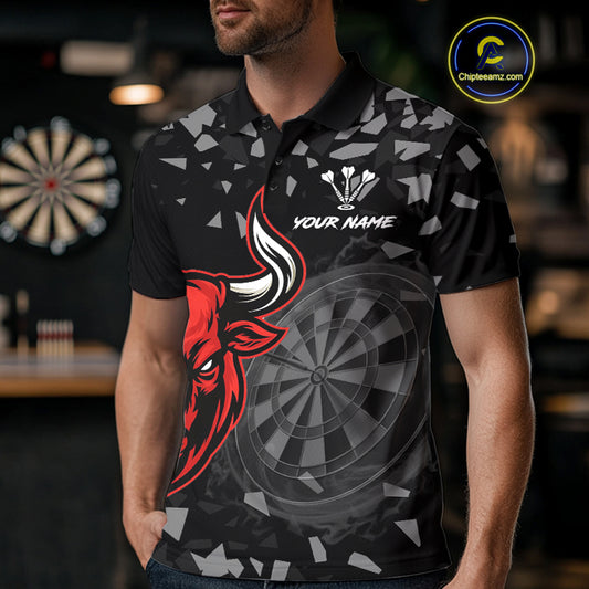 Bull & Dartboard Custom Grunge Men's Darts Polo Shirt - Red Darts Team Jersey NYN0716