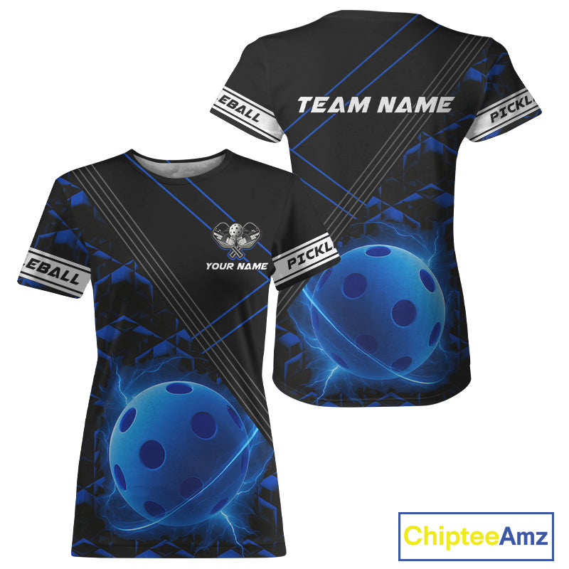 Custom Black And Lightning Blue Pickleball Ball T-Shirt For Women Outfits Pickleball Jerseys NYN1341