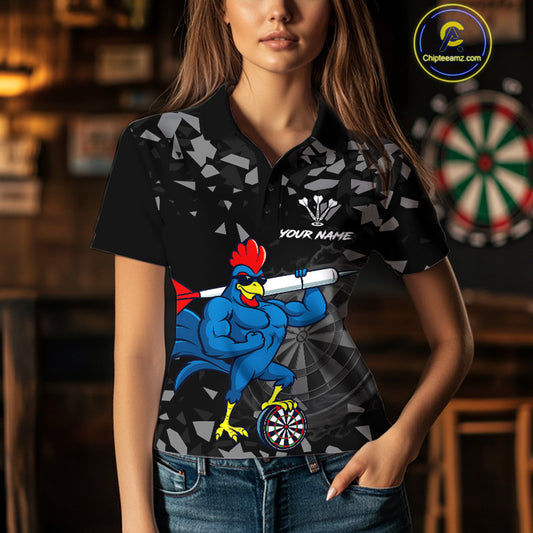 Custom Black And Blue Funny Rooster Dart Polo Shirt For Women Outfit Dart Team Jersey NYN1459
