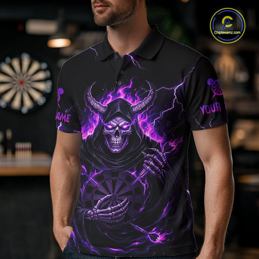 Purple Neon Flaming Grim Reaper Men Darts Polo Jerseys Custom Name Dart League Shirt NYN2064