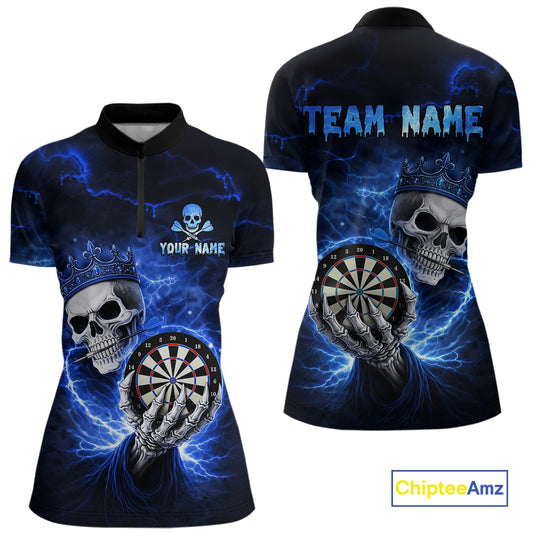 Black And Blue Thunder Crown Skull Dartboard Women Darts Quarter-Zip Shirt Custom Darts Team Jersey NYN2608