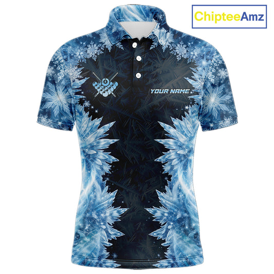 Icy Pattern Blue 9 Ball Pool Billiard Team Shirt For Men Custom Snowflake Billiards Ball Attire NYN3043