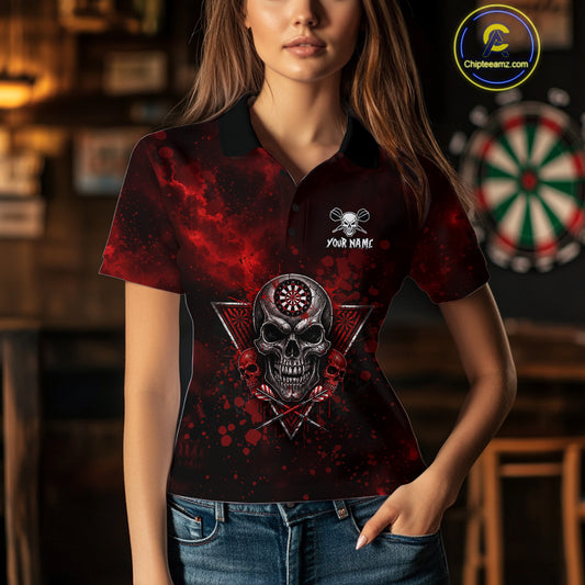 Custom Red Splatter Multi-Skull Women Darts Arrow Polo League Shirts Dart Team Jerseys NYN2200