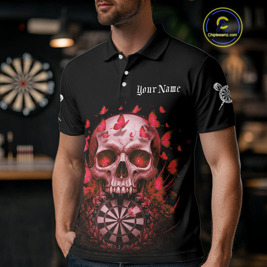 Custom Red Butterflies Skull Head Flowers Dartboard Men Darts Polo Shirt, Dart Jerseys NYN1841