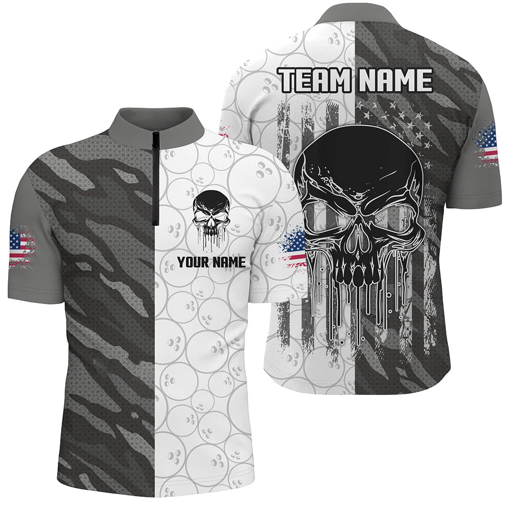 Personalized Men 3D Bowling Team Jersey Skull Bowling Quarter Zip Shirts QZT467