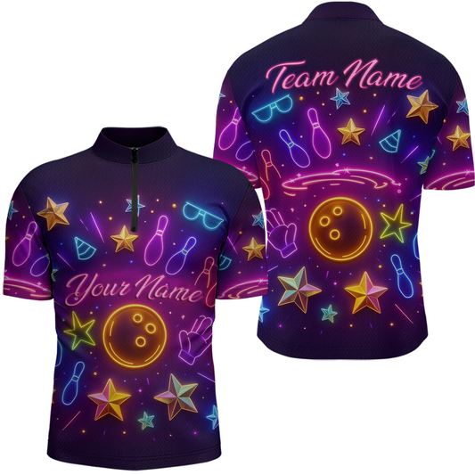 Custom Neon Bowling Shirt Polo & Quarter-Zip Shirts for Men Gift Bowling Jersey League QZT744