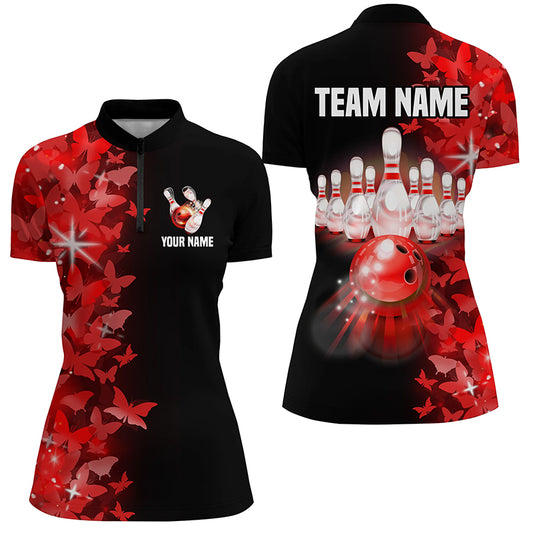 Red Butterfly Bowling Shirts For Men Women Custom 1/4 Zip Bowling Jersey Team BDT505