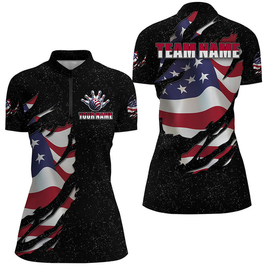 Patriotic Bowling Jersey For Couples Custom Black Bowling Shirt Men Women| Quarter-Zip BDT518