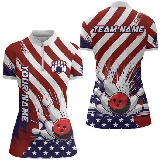 Custom Patriotic Bowling 1/4 Zip Shirts For Men Women American Bowling Jersey Team BDT516