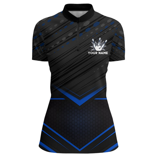 Strike Bowling Shirt for Women Personalized Bowling Jersey Blue&Black Bowling Quarter-Zip Shirt BDT259