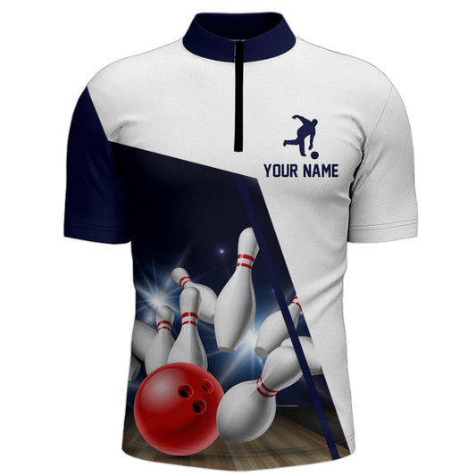 Navy Bowling Quarter-Zip Shirt Men Personalized 3D Bowling Jersey Team League Bowling Shirt BDT283