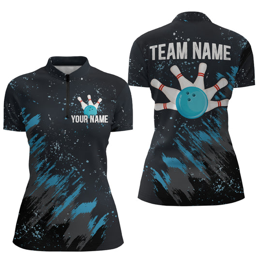 Personalized Blue Bowling Jersey Team Custom 1/4 Bowling Shirt For Men & Women BDT486