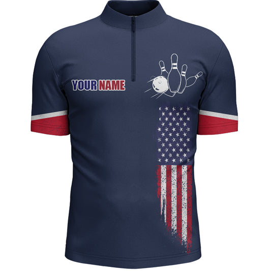 Navy Bowling Quarter-Zip Shirt For Men Custom American Bowling Team Jersey Patriot Bowling Shirt BDT318