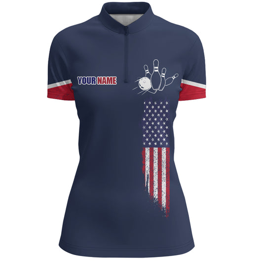 Navy Bowling Quarter-Zip Shirt For Women Custom American Bowling Team Jersey Patriot Bowling Shirt BDT318
