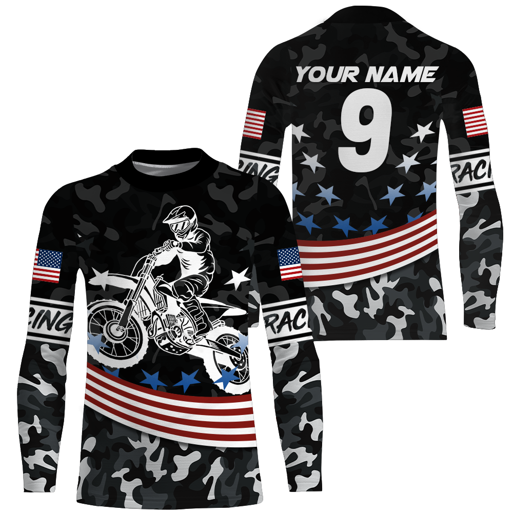 Camo Dirt Bike Jersey Kid Men Women Custom UPF30+ American Flag Motocross Shirts Motorcycle Riding PDT708