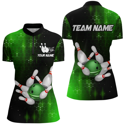 Personalized Green Bowling Shirts Men Women Bowling Team Jersey Bowling 1/4 Zip Shirt BDT488