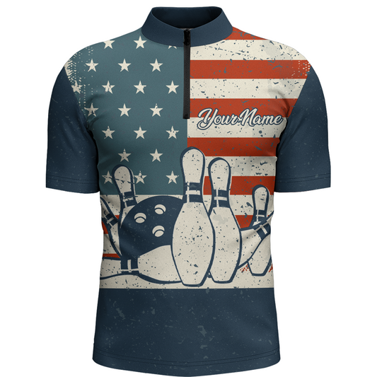Navy Bowling Shirt Men American Bowling Jersey Team League Custom Bowling Quarter-Zip Shirt BDT279