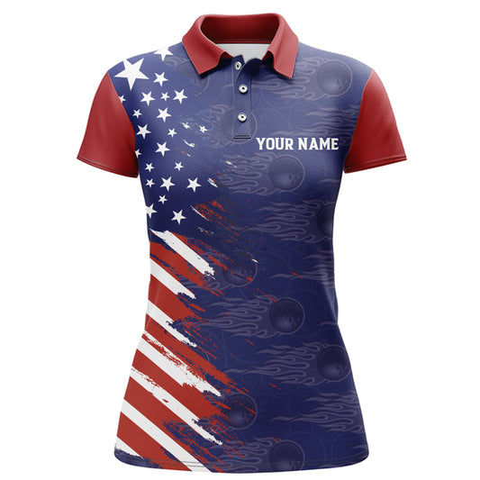 Navy Bowling Polo Shirt Women Custom American Bowling Jersey Seamless Pattern Bowling Shirts BDT319
