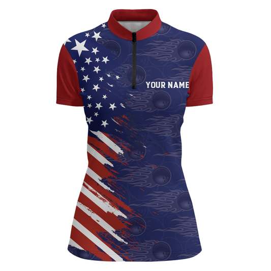 Navy Bowling Quarter-Zip Shirt Women Custom American Bowling Jersey Seamless Pattern Bowling Shirts BDT319