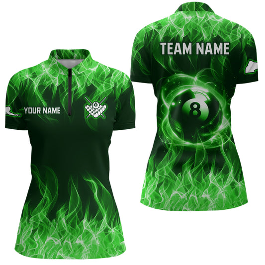 Green Flaming 8 Ball Pool Shirts Women Billiard Polo & 1/4 Zip Shirts Billiard Team Jerseys NNT10