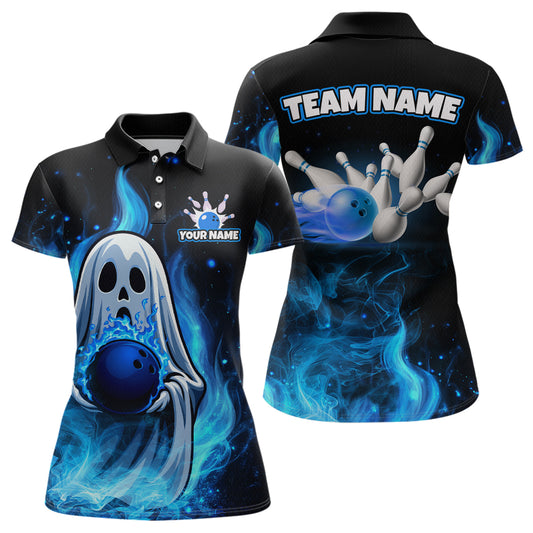 Black bowling-themed polo shirt with blue ghost and ball design on front, and bowling pins and ball on back.