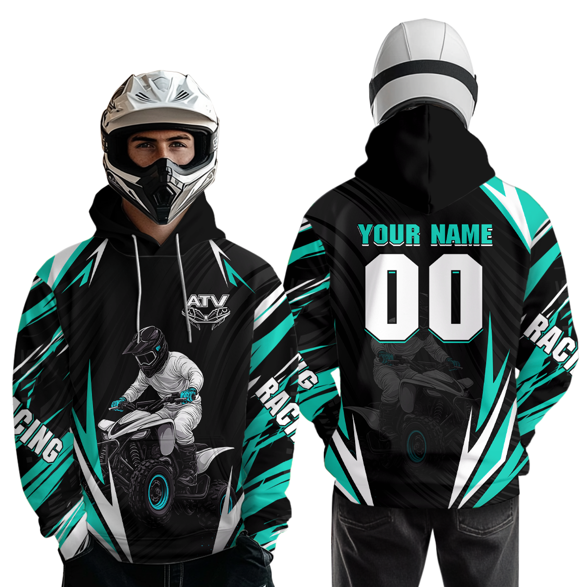 Turquoise Atv Motocross Hoodie Adult Youth Kid Upf30+ Custom Quad Bike Shirt Boys Girls Extreme Off-Road Racing Hooded NHN011