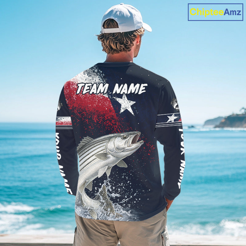 Custom Vintage Striped Bass Long Sleeve Patriotic Fishing Shirt For Men, Bass Texas Flag Fishing Shirt NHT768