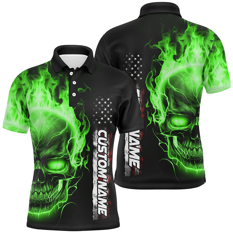 Green Flame Skull Custom Bowling Polo Shirts For Men And Women, American Bowling Team Jerseys IPHW5278