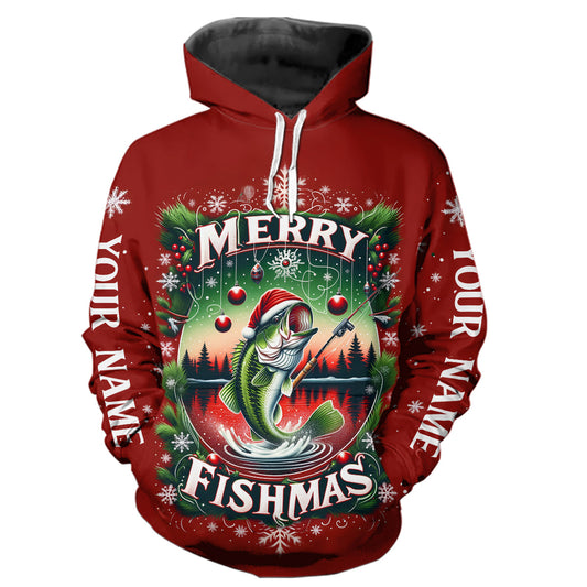 Merry Fishmas Custom Christmas Bass Full Printing Fishing Shirts Fishing Gifts For Adult And Kid IPHW5553