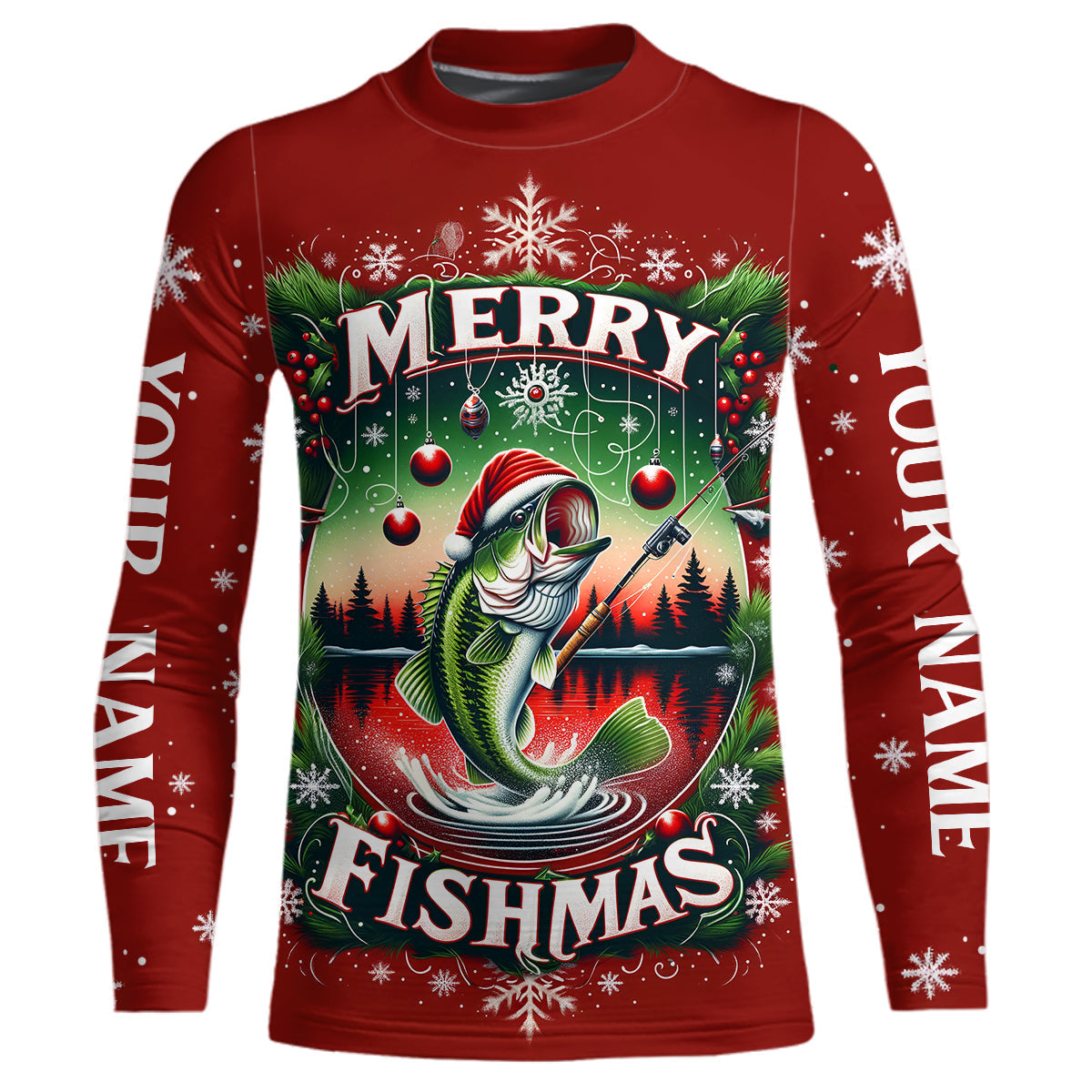 Merry Fishmas Custom Christmas Bass Full Printing Fishing Shirts Fishing Gifts For Adult And Kid IPHW5553